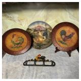 Decretive Rooster/Hen Plates & Cast Iron Hand
