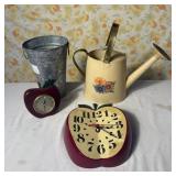 Vintage Water Can, Apple Clocks, Metal Dragonfly
