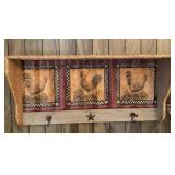 Rustic Farmhouse Rooster Wall Shelf with Hooks