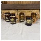 (5) Vintage Amber Glass Souvenir Barrel Mugs