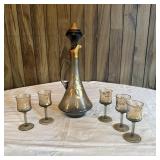 Vintage Bohemia Decanter with 5 Glasses Gold Gilt