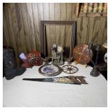 Table Lot- Wood Clocks, Painted Saw, Cabin Deor,