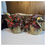 (2) Vintage Brass Swan Planters