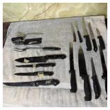 Assorted Knives, Can Opener, Carving Fork