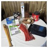 Table Lot- Wood Bats, Clip Light, Camera Tripod,