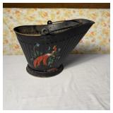 Hand-Painted Folk Art Bird Metal Coal Scuttle
