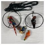 (3) Hanging Parrots & Wood Figure