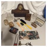 Table Lot- Mantel Clock, Glass Lamp Shades,