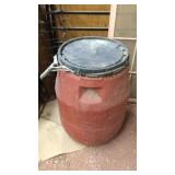 PLASTIC BARREL, WOOD FRAMED WINDOW & METAL