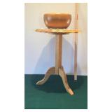 TABLE, WOODEN CARVED BOWL & DOILY