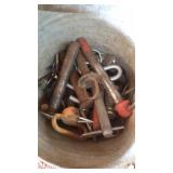 PAIL OF HITCH PINS ANS S HOOKS & RR PLATES