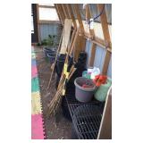 GARDEN RAKE, HOE, WATER CAN & MISC. GARDEN SUPPLYS