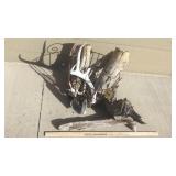 ANTLERS, STIRRUP, WIRE BASKET & WOOD