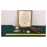 WOODEN DUCK DECOY, CLOCK, VETS OATH & ARCHER