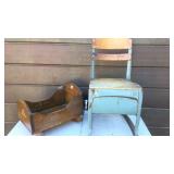 METAL SCHOOL CHAIR & WOOD DOLL BASINET METAL SCHOOL CHAIR & WOOD DOLL BASINET