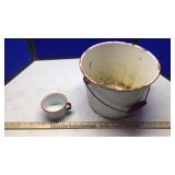 ENAMEL BUCKET & CUP AND 2 SMALLER BUCKETS