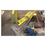 LARGE ASSORTED CLEANING SUPPLYS, MOPS & CAUTION