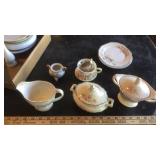 ASSORTED TEA CUPS, PLATES & CREAM & SUGAR