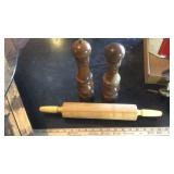 ROLLING PIN,  SALT & PEPPER SHAKERS & KNIVES