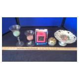 CANDLES, SOFT CUBE ALARM CLOCK & MISC GLASS