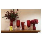 (5) RED VASES & FLOWERS