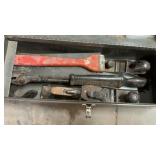 TOOLBOX W/NAIL PULLER, PLANE, HAMMER & MISC TOOLS
