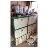 METAL CABINET W/ASSORTED FEED, FENCE CHARGER,