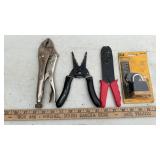 TAPE MEASURE, VISE GRIPS, WIRE STRIPPERS & MISC.