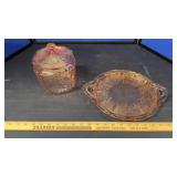Pink pressed glass platter & Pink glass canister