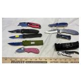 ASSORTED POCKET KNIVES, KEY CHAINS, QUARTZ ROCKS &