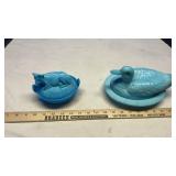 BLUE SLAG GLASS COW COVERD DISH & NESTING DUCK