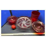 CRANBERRY PEDESTAL PLATE, VASE & BOWLS