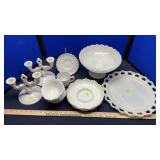 MILK GLASS CANDLE HOLDERS, SERVING PLATE & BOWLS