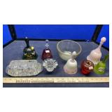 BUTTER DISH, BELLS & MISC. GLASS