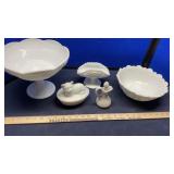 MILK GLASS COMPOTE, BOWLS & MISC GLASS