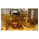 AMBER GLASS BELL, FOOTED BOWLS & COMPOTE