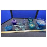 BLUE GLASS COMPOTE, GLASS DUCKS & SHOES