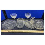 PRESSED GLASS GRAVY BOAT, CANDLE STICKS & MISC.
