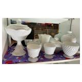 MILK GLASS TOP HAT, HARVEST GRAPE JAR, GOBLETS &