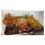 AMBER GLASS PEDESTAL CANDY DISHES & DIVIDED RELISH