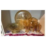 JEANNETTE GLASS FLORAGOLD PITCHER, PLATTER & BOWL