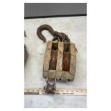 WOODEN BLOCK AND TACKLE AND PIPE WRENCHES