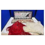 METAL SIGN, RABBIT PELT, BEADED NECKLACE & MORE