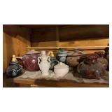INSULATORS, TEA POT, CANDLE HOLDERS & MISC GLASS