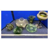 CANDLE HOLDERS, RUFFLED BOWLS & MISC GREEN GLASS
