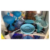 FROSTED BLUE COMPOTE, HOBNAIL VASE, SERVING TRAY &