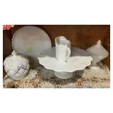 MILK GLASS CANDY JARS, BASKET & PLATE