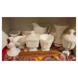 MILK GLASS PITCHER, CANDLE HOLDER & BOWLS