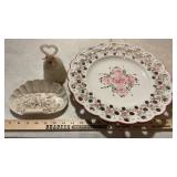 AMBER GLASS SNACK SET & 2 TIER SERVING DISH & MISC