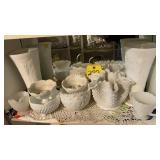 MILK GLASS VASES, CREAM/SUGAR, RUFFLED BOWLS &